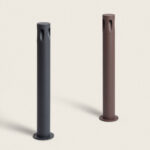 Balise sur pied cylindrique anthracite et rouille, corps métal mat avec base de fixation en saillie