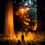 Balise extérieure LED sur piquet noir, éclairage chaud ambre, tige fine et abat-jour conique