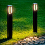 Balise extérieure en aluminium noir mat rectangulaire, LED, éclairage vertical chaud, montage au sol