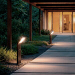 Balise sur pied LED noire en aluminium, corps rectangulaire incliné, éclairage directionnel pour allée extérieure