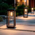 Balise sur pied rectangulaire en métal noir avec panneaux en verre et ampoule visible pour éclairage extérieur