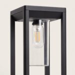 Balise sur pied noire en aluminium avec abat-jour cylindrique en verre transparent et ampoule visible