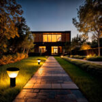 Balise extérieure sur pied noire, corps métallique cylindrique avec diffuseur opalin émettant lumière chaude le long d'une allée