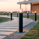 Balise sur pied noire cylindrique avec abat-jour en verre transparent pour éclairage de chemin extérieur