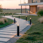 Balise sur pied noire en métal avec diffuseur en verre, 50 cm, installée le long d'une allée extérieure