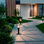 Balise sur pied noire avec globe en verre et lumière chaude pour allée extérieure