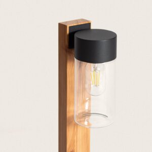 Balise sur pied métal noir et cylindre en verre transparent fixé sur fût bois