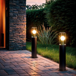 Balise sur pied noire en aluminium avec diffuseur en verre et ampoule visible