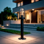 Balise sur pied en métal noir avec globe en verre, fixation au sol, éclairage extérieur