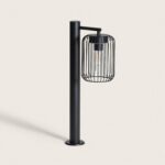 Balise sur pied noire en acier avec cage cylindrique et ampoule visible