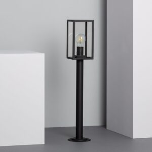 Balise sur pied noire, structure métal, lanterne vitrée rectangulaire et pied cylindrique