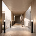 Balise sur pied noire avec diffuseur blanc, éclairage extérieur le long d'une allée