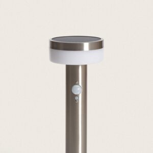 Balise sur pied solaire en aluminium argent, tête ronde avec panneau solaire et diffuseur LED, capteur intégré