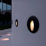 Balise encastrable murale ronde noire, LED à lumière chaude, finition affleurante pour extérieur