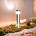 Balise sur pied cylindrique en acier inoxydable, éclairage LED blanc chaud