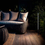 Balise sur pied métal noir, finition mate, éclairage directionnel pour terrasse en bois