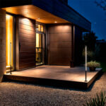 Balise sur pied noire, mât cylindrique fin en métal, éclairage LED blanc chaud pour entrée extérieure