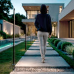 Balise LED sur pied noire en métal, mât fin, éclairage blanc chaud le long d'une allée