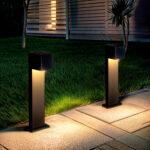 Balise LED extérieure anthracite aluminium sur pied, corps rectangulaire, éclairage dirigé vers le sol