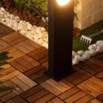Balise LED sur pied noire rectangulaire en métal mat, fixation au sol sur terrasse, éclairage extérieur