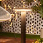 Balise sur pied LED, corps métallique brun foncé, dalle circulaire lumineuse diffuse, éclairage extérieur