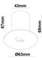 Balise encastrable murale ronde face Ø63 mm, corps cylindrique 43 mm, hauteur 68 mm, ouverture d'éclairage inclinée
