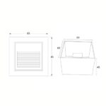 Balise encastrée murale carrée blanche avec grille à lames, dimensions 85×85 mm