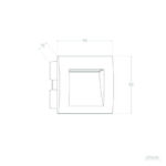 Balise encastrable murale carrée 90×90 mm, ouverture intérieure biseautée, dessin technique