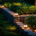 Balise extérieure LED noire à poser, structure métal et panneaux en verre dépoli, éclairage chaud pour muret de jardin