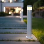 Balise sur pied en acier inoxydable, diffuseur blanc cylindrique pour éclairage LED extérieur, fixation au sol