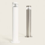 Deux balises sur pied cylindriques, une blanche et une inox brossé, 50 cm, diffusion LED supérieure