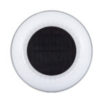 Balise solaire ronde avec panneau photovoltaïque central noir et anneau LED blanc translucide