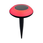 Balise solaire LED ronde rouge avec panneau solaire central et piquet noir en plastique