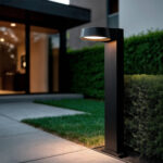 Balise extérieure LED noire en aluminium, colonne rectangulaire à tête ronde éclairant vers le sol