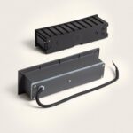 Balise murale encastrable anthracite rectangulaire métal mat, boîtier arrière et câble visible