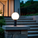 Balise muret globe blanc sur mât noir en aluminium finition tondu, posée sur pilier