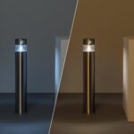 Balise solaire sur pied cylindrique en inox brossé, diffuseur LED circulaire en hauteur