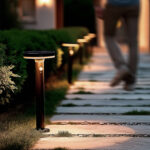 Balise solaire sur pied noire en métal avec capteur circulaire et diffuseur LED pour allée