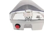 Balise de secours LED blanche, diffuseur transparent strié, bouton test rouge, montage en surface