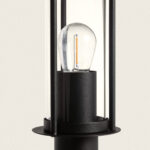 Balise de sol cylindrique noire avec ampoule visible et globe en verre pour éclairage extérieur
