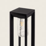 Balise sur pied noire, cadre métal rectangulaire, diffuseur verre texturé cylindrique avec ampoule à filament visible