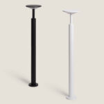 Balise sur pied extérieure cylindrique noire et blanche à tête plate, fixation au sol