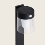 Balise sur pied solaire noire avec détecteur de mouvement et diffuseur cylindrique transparent