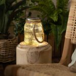 Bocal en verre LED à anse, strié, lumière chaude, recharge solaire, lampe portable
