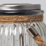 Bocal en verre cannelé avec couvercle métal et anse corde jute attachée par anneau métallique