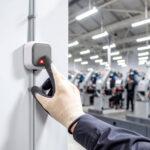 Bouton-poussoir mural blanc avec actionneur noir et voyant lumineux rouge