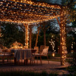 Guirlande lumineuse 15 m blanc chaud enroulée autour d'une pergola extérieure