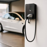 Chargeur mural pour voiture électrique noir, boîtier rectangulaire avec câble et connecteur pistolet