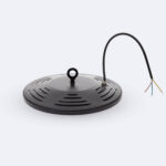 Cloche LED industrielle ronde noire avec anneau de suspension et câble à fils dénudés