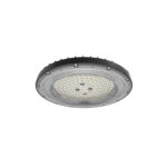 Cloche LED industrielle ronde gris métal avec diffuseur microprismatique pour suspension